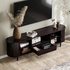 DHH 86.6" Fluted TV Stand with Power Outlet for TVs up to 90", TV Console with Adjustable Shelves and Sliding Door,Mid Century Modern Entertainment Center for Living Room,Bedroom (Walnut)