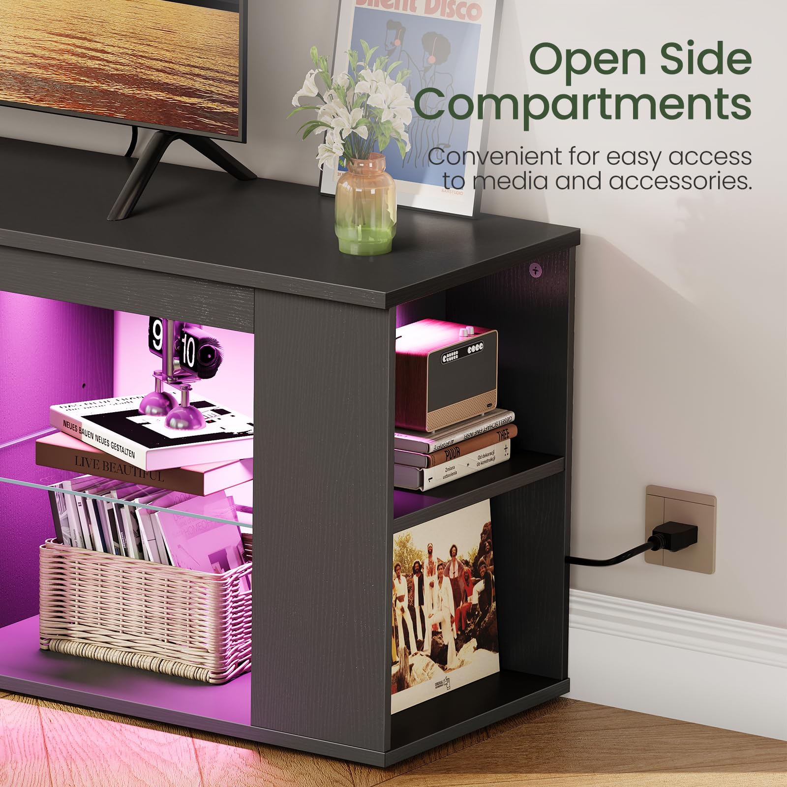 CHOEZON 55" TV Stand for up to 65" TVs with RGB LED Lights, Built-in Power Outlet, Adjustable Glass Shelves & Open Storage, Modern Media Console for Living Room & Game Room, Black MDS05UDBB