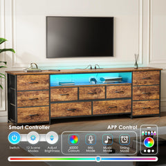 Huuger 63 Inch TV Stand for 65, 70 Inch TV, 11 Drawer Long Dresser with Power Outlets and LED Lights, Entertainment Center with Storage, Black Dresser with PU Leather Surface