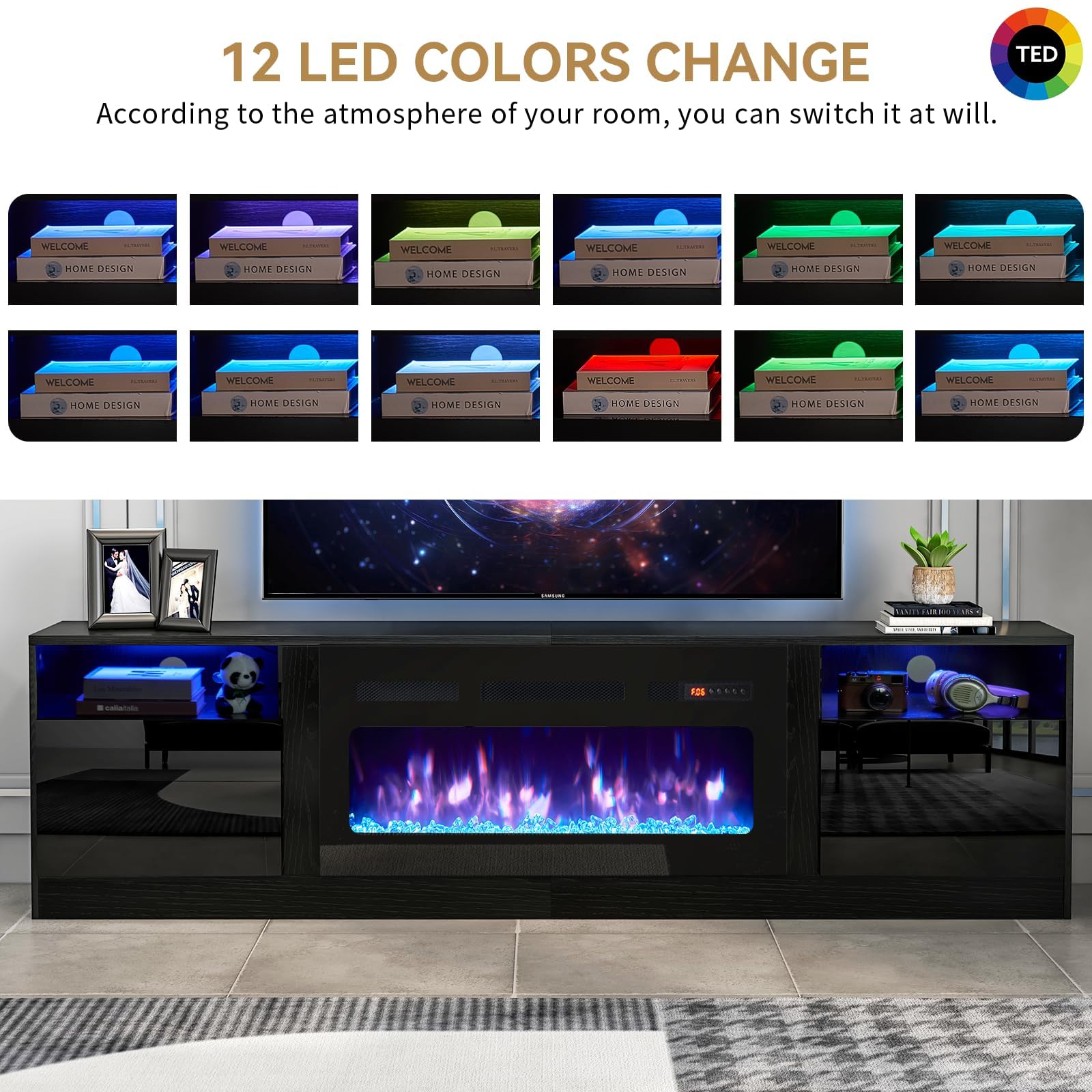 oneinmil Fireplace TV Stand with 36" Electric Fireplace, LED Light Entertainment Center, Modern Wood Texture Entertainment Stand with Highlight Storage Cabinet for TVs Up to 80", 70 inches, Black