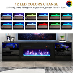 oneinmil Fireplace TV Stand with 36" Electric Fireplace, LED Light Entertainment Center, Modern Wood Texture Entertainment Stand with Highlight Storage Cabinet for TVs Up to 80", 70 inches, Black