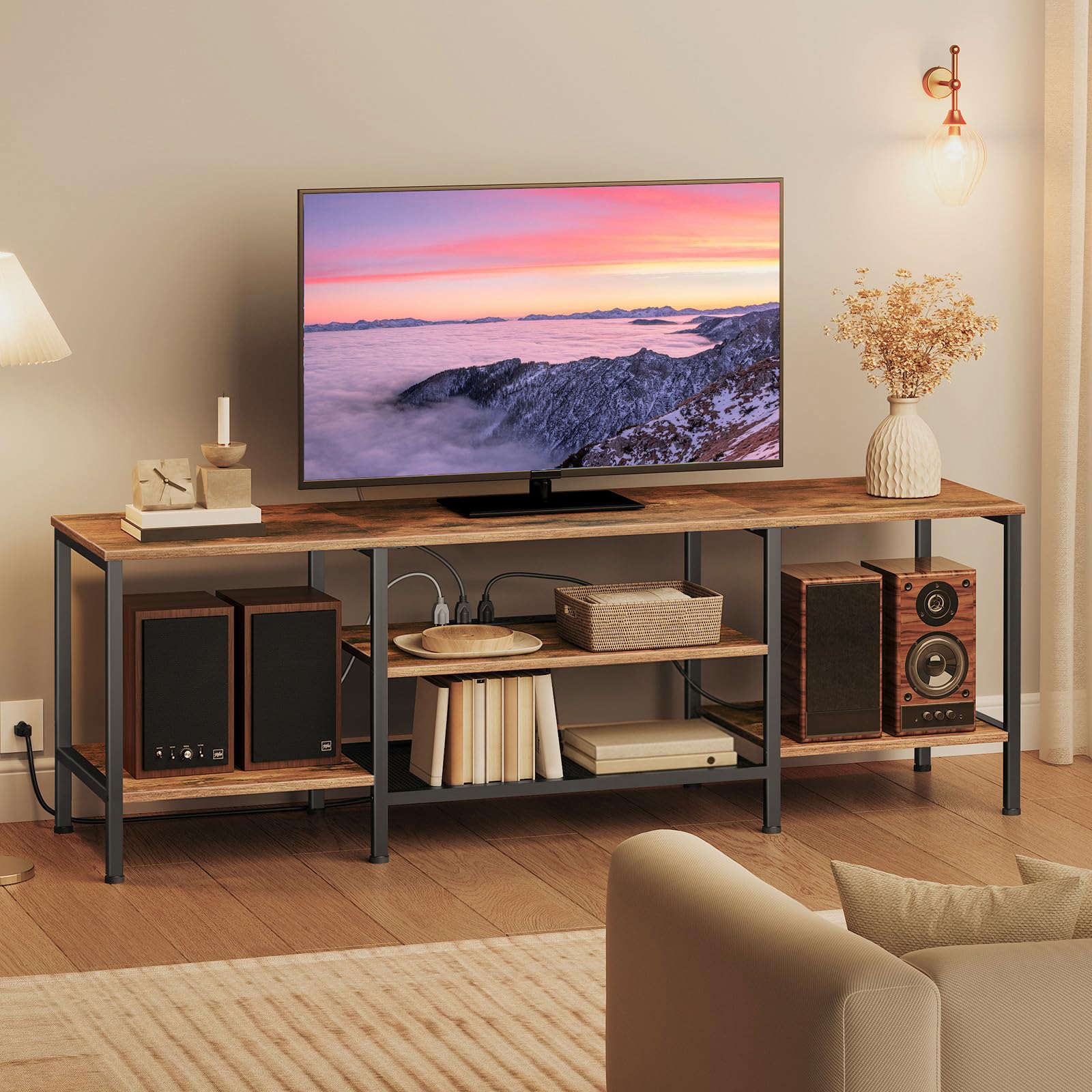 HOOBRO TV Stand with Power Outlets to 75 Inches, TV Console Table with Open Storage Shelves Cabinet, Industrial Media Entertainment Center for Living Room Bedroom, Rustic Brown and Black BF80DS01