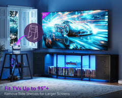 Casaottima TV Stand for 40/50/55 Inch TV, Low-Profile Entertainment Center with LED Lights & Power Outlets, TV Stand with Drawers & Open Shelves for Storage for Small Spaces/Living Room/Gaming, Black