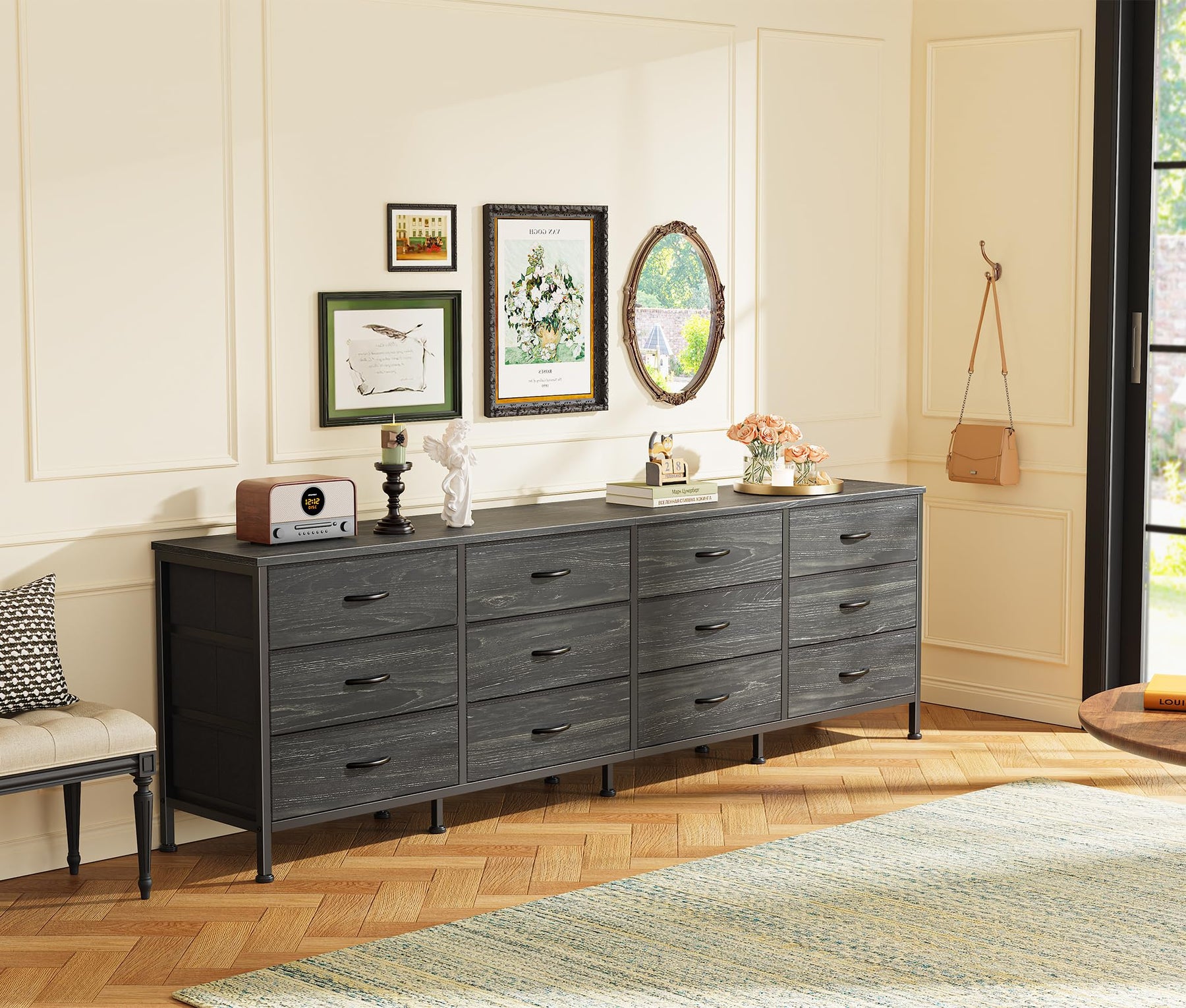 Huuger 70 Inch Dresser for Bedroom, TV Stand for 65, 75, 80 Inch TV, 12 Fabric Drawer Long Dresser, Large Entertainment Center for Bedroom, Wide Chest of Drawer with Storage, Rustic Brown