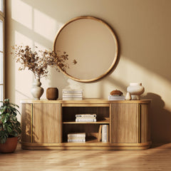 BELLEZE 67" Fluted TV Stand with Electric Fireplace Heater w/Sound, Curved Entertainment Center with Sliding Tambour Doors, Media Console Table for TV up to 75" for Living Room (Camel)