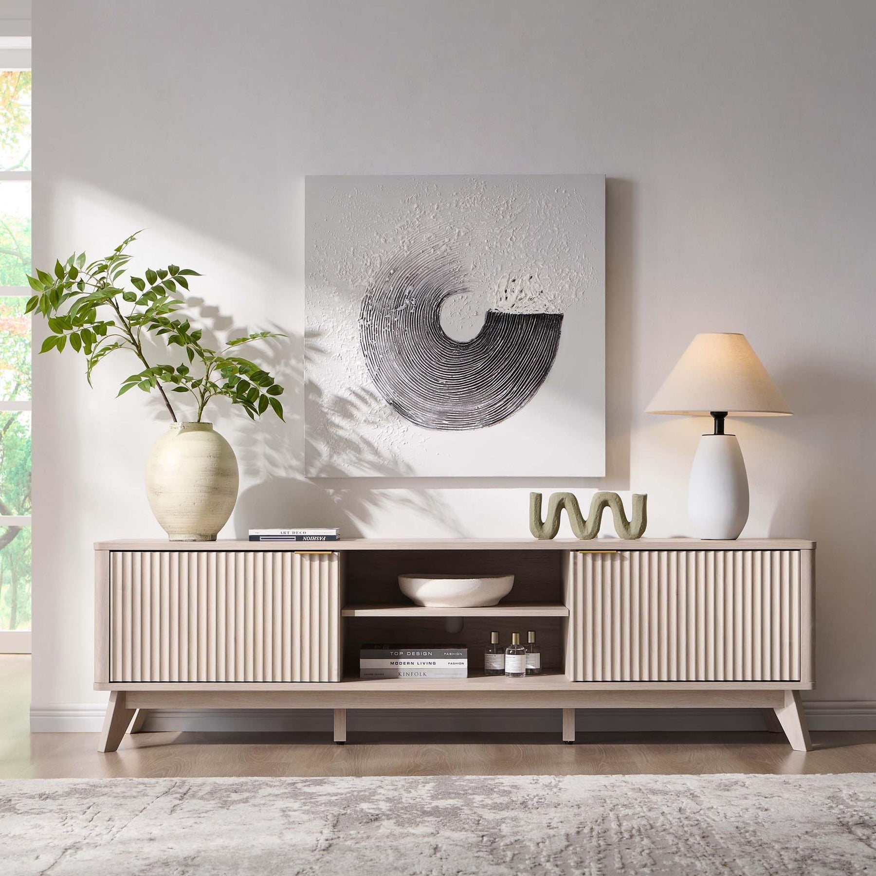 OKD 70" Mid Century Modern Fluted TV Stand w/ 2 Soft Close Door,Natural Oak