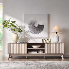 OKD 70" Mid Century Modern Fluted TV Stand w/ 2 Soft Close Door,Natural Oak