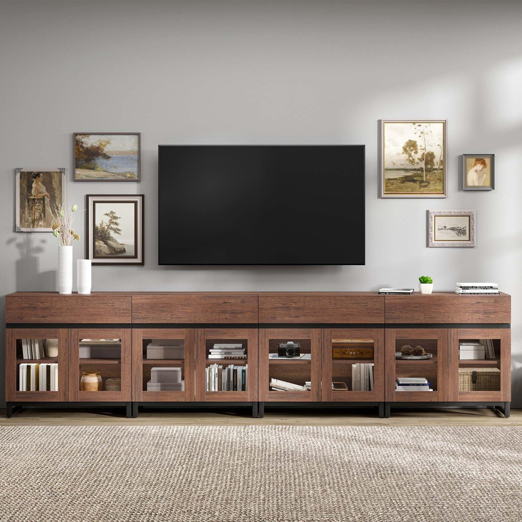 WAMPAT Modern TV Stand with Glass Doors for 80-120 inch TVs, 4 in 1 Entertainment Center Console with 4 Drawers and Metal Base for Living Room, Bedroom, Brown