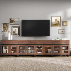 WAMPAT Modern TV Stand with Glass Doors for 80-120 inch TVs, 4 in 1 Entertainment Center Console with 4 Drawers and Metal Base for Living Room, Bedroom, Brown