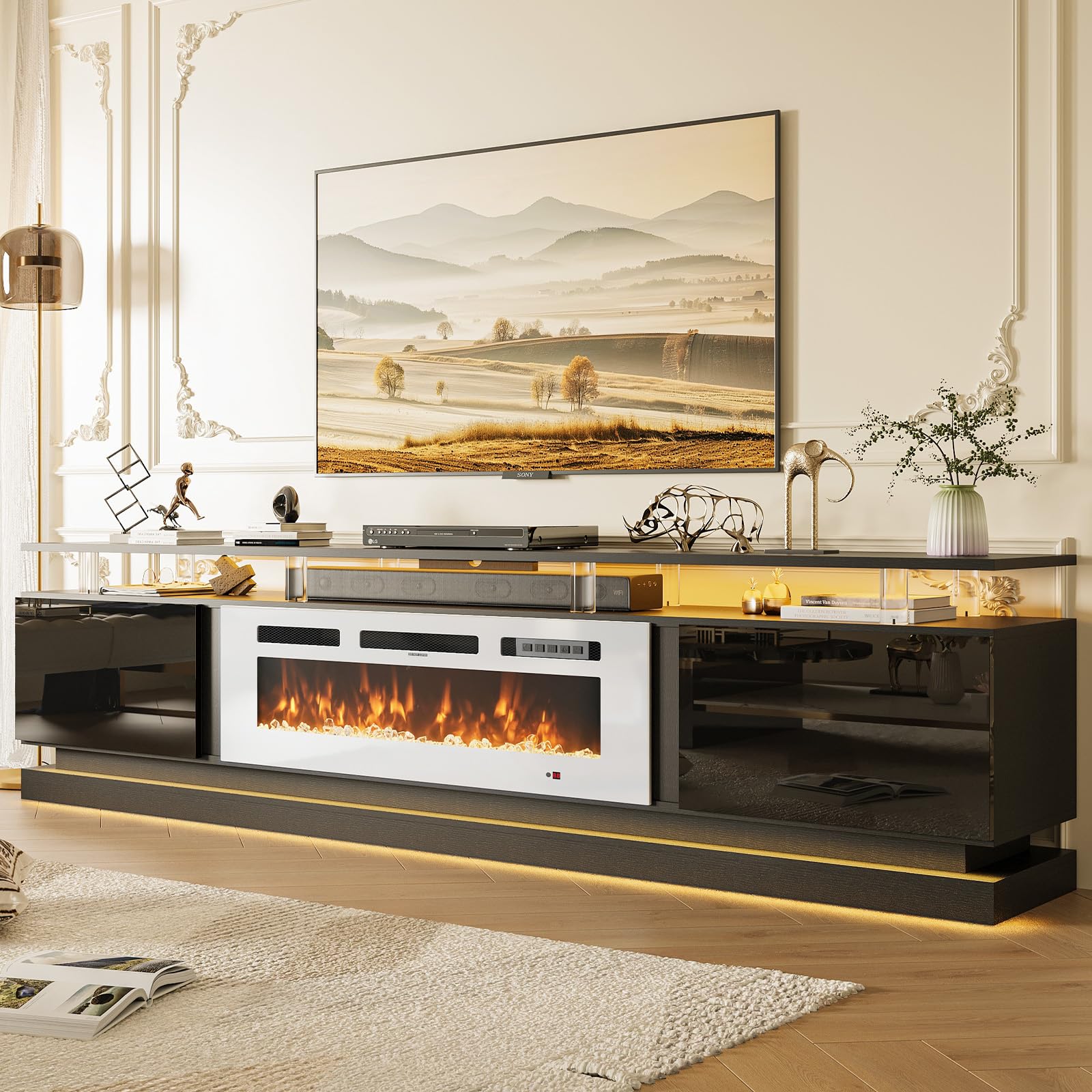 Nordivale 70" Fireplace TV Stand, Modern Entertainment Center for TVs Up to 80”, TV Console with Storage Cabinets, Media Console for Living Room, Black TV Stand and Black Fireplace