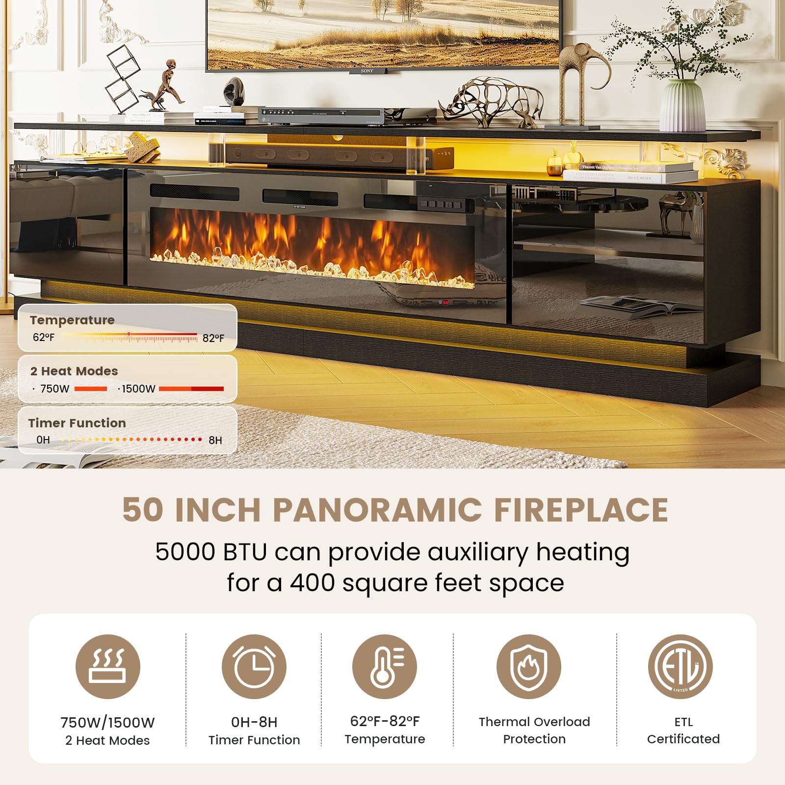 Nordivale 70" Fireplace TV Stand, Modern Entertainment Center for TVs Up to 80”, TV Console with Storage Cabinets, Media Console for Living Room, Black TV Stand and Black Fireplace