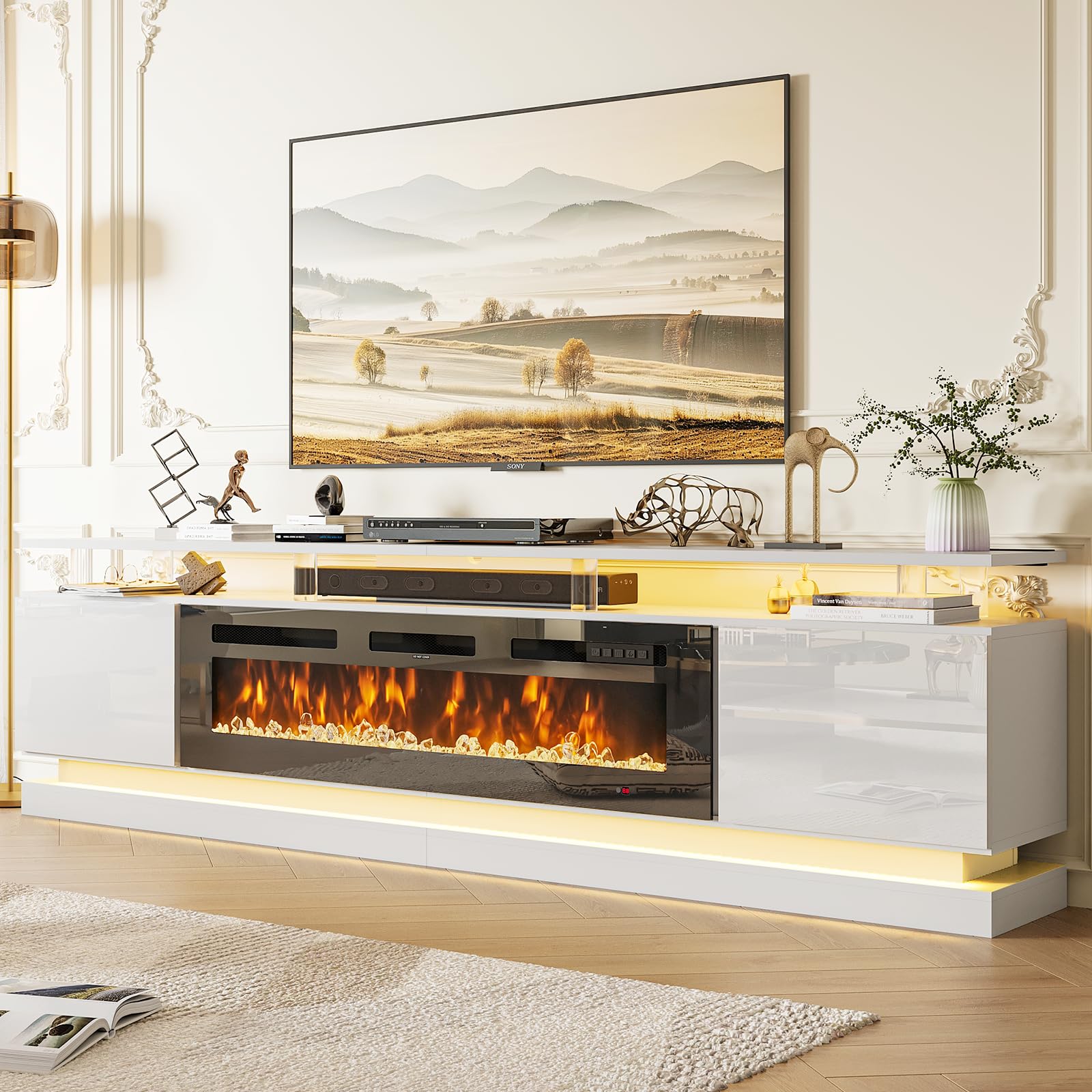 Nordivale 70" Fireplace TV Stand, Modern Entertainment Center for TVs Up to 80”, TV Console with Storage Cabinets, Media Console for Living Room, Black TV Stand and Black Fireplace