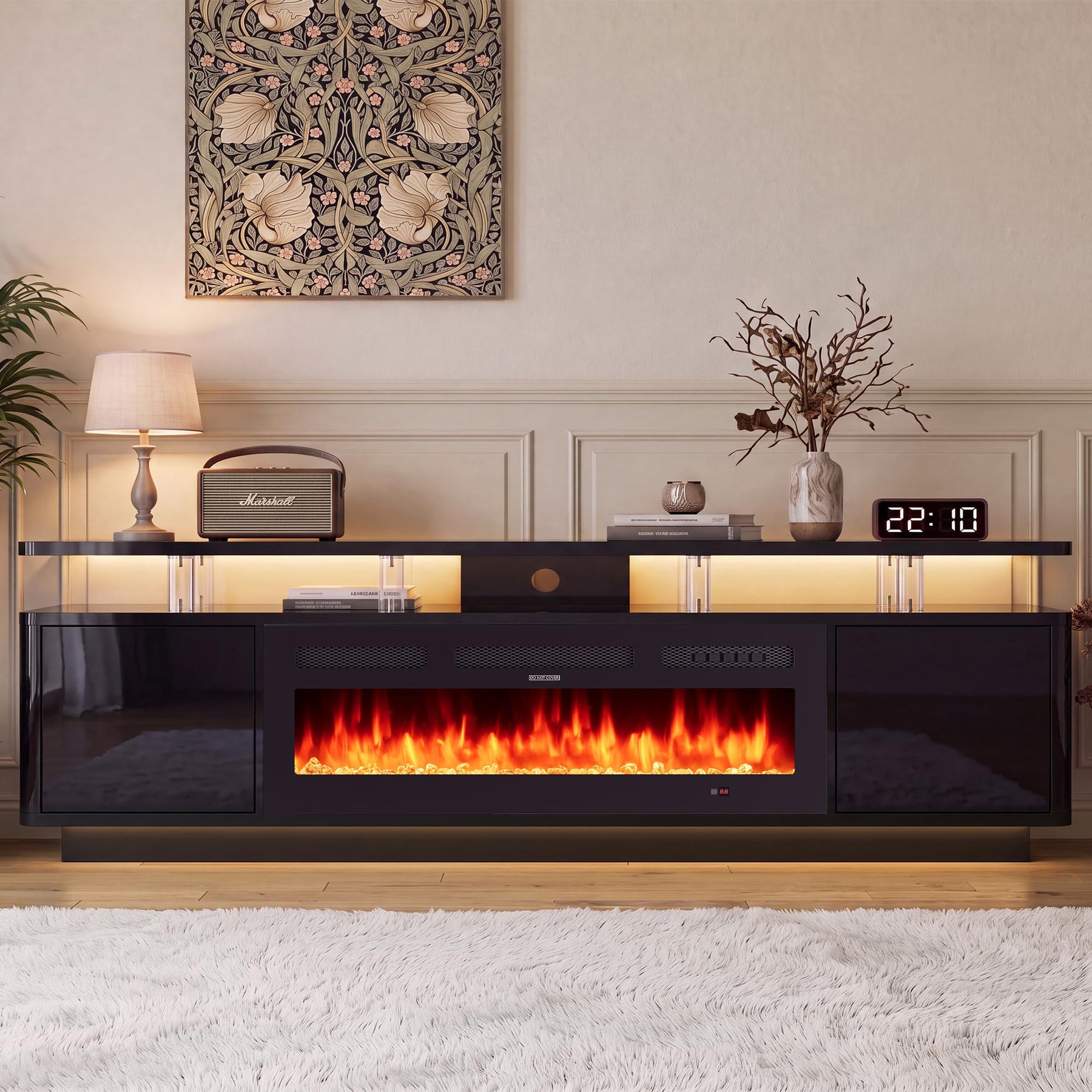 OneBlis 70" Fireplace TV Stand with Double LED Lights for TVs UP to 80", Electric Fireplace Entertainment Center with Storage Cabinets, TV Console for Living Room, Office, Black1