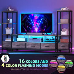 DWVO Industrial LED TV Stand for 65 Inch TVs, Entertainment Center with 2 4-Tier Bookshelves & Power Outlets, Media Console Table with 5 Drawers & Open Storage for Living Room, Grey