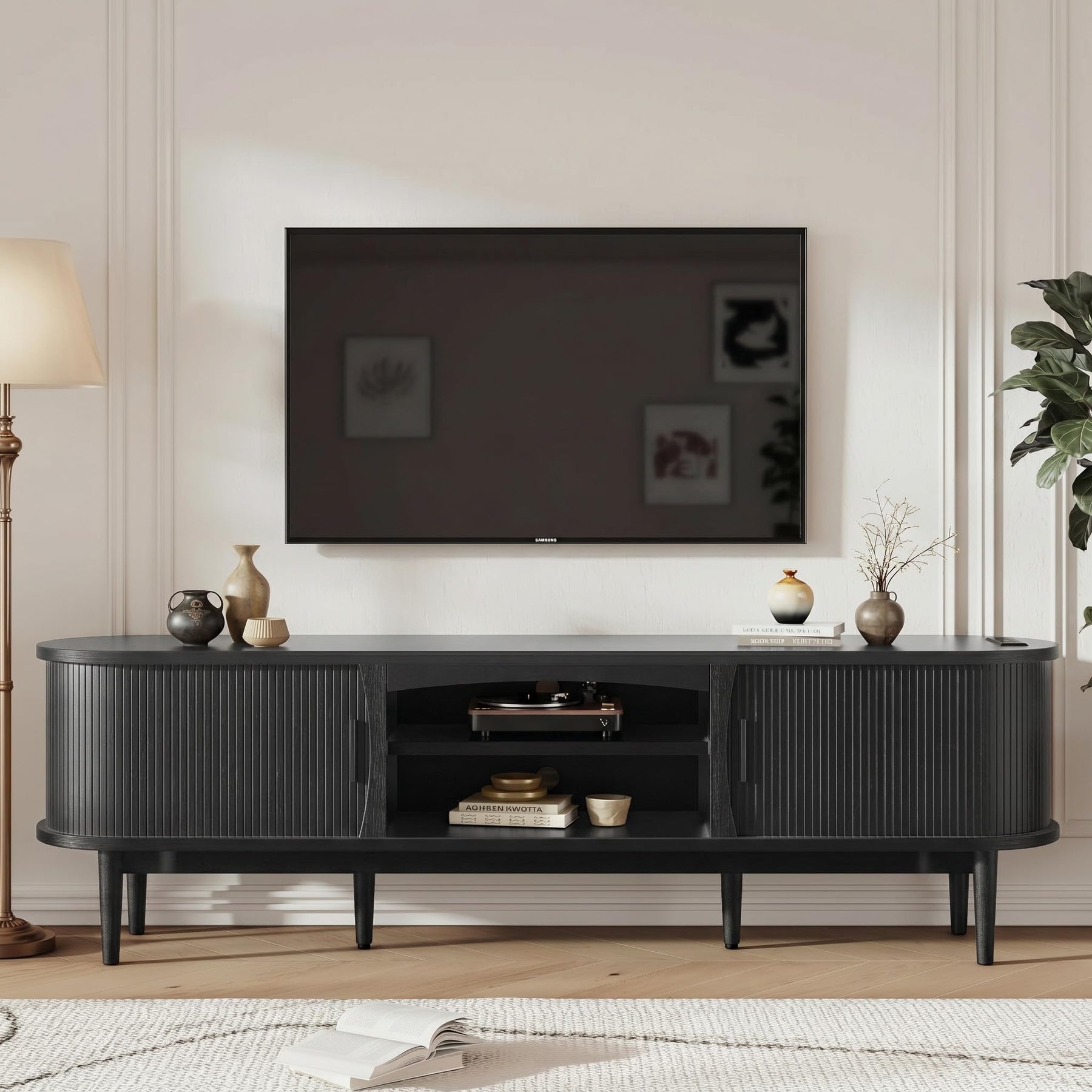 Decofy Mid Century TV Stand for TVs up to 80 Inches, Entertainment Center with Storage, Power Outlet, Fluted Sliding Doors & Adjustable Shelves, Modern Media TV Console Table for Living Room (Walnut)