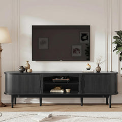 Decofy Mid Century TV Stand for TVs up to 80 Inches, Entertainment Center with Storage, Power Outlet, Fluted Sliding Doors & Adjustable Shelves, Modern Media TV Console Table for Living Room (Walnut)