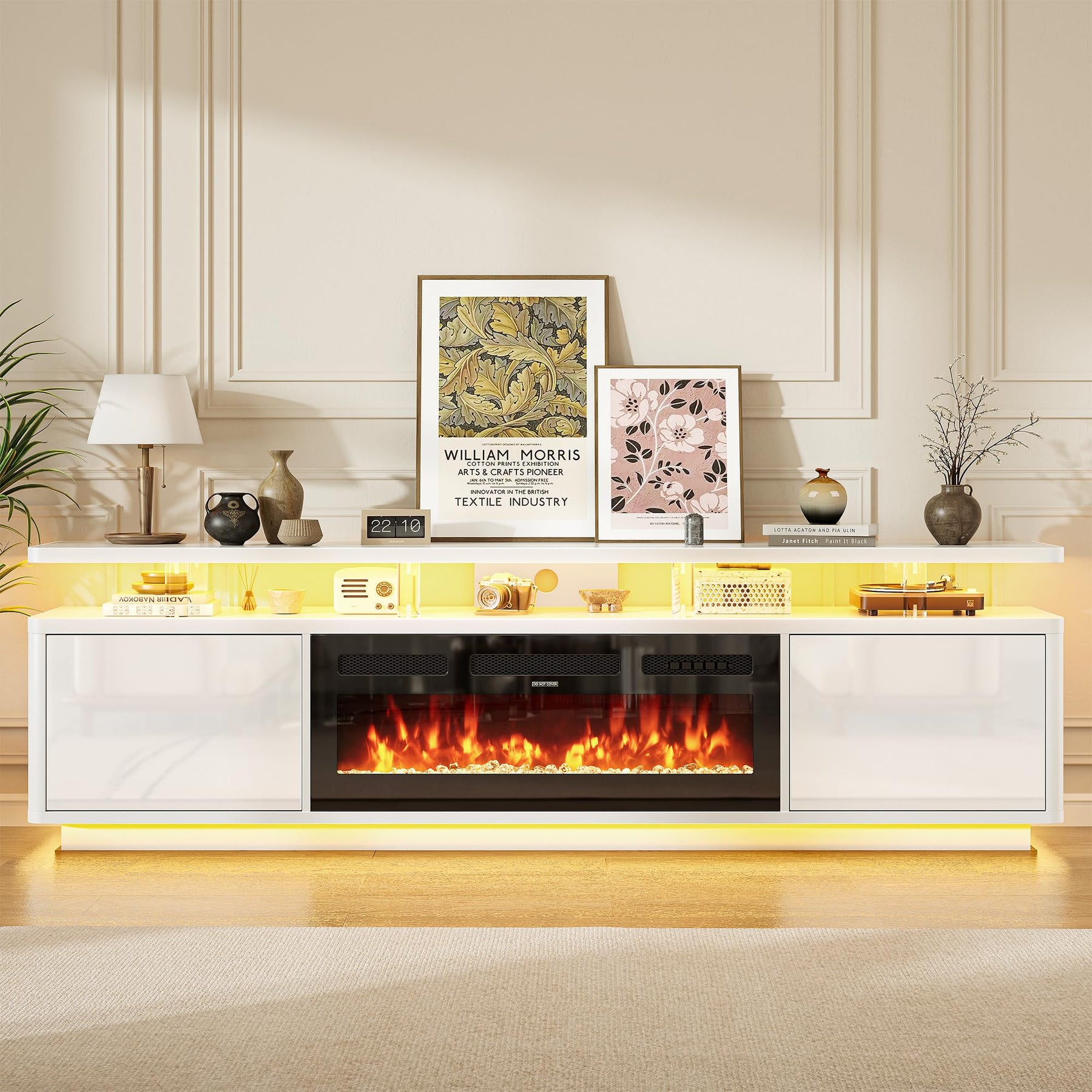 OneBlis 70" Fireplace TV Stand with Double LED Lights for TVs UP to 80", Electric Fireplace Entertainment Center with Storage Cabinets, TV Console for Living Room, Office, Black1