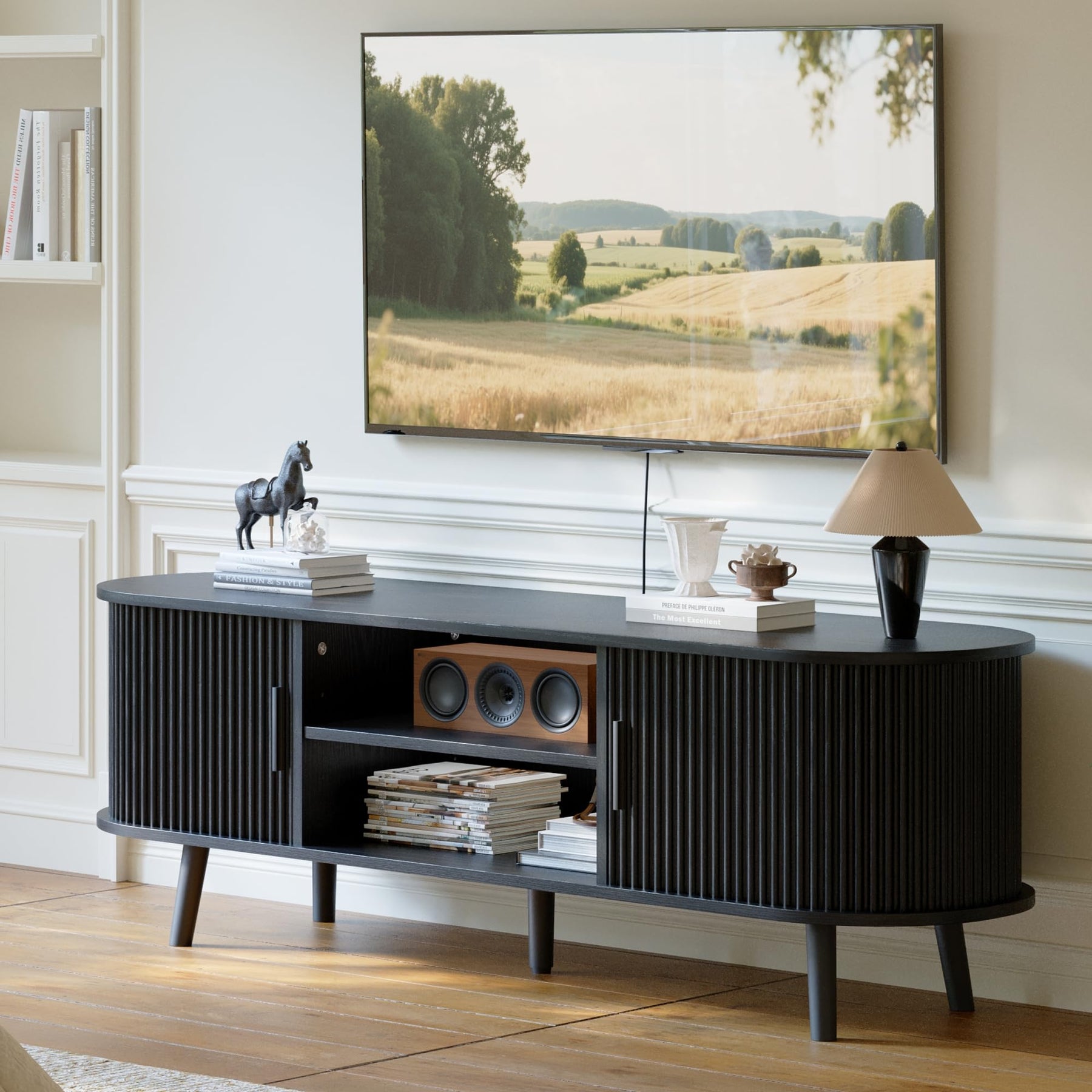 ChooChoo 54" Mid Century Modern TV Stand with Fluted Sliding Doors