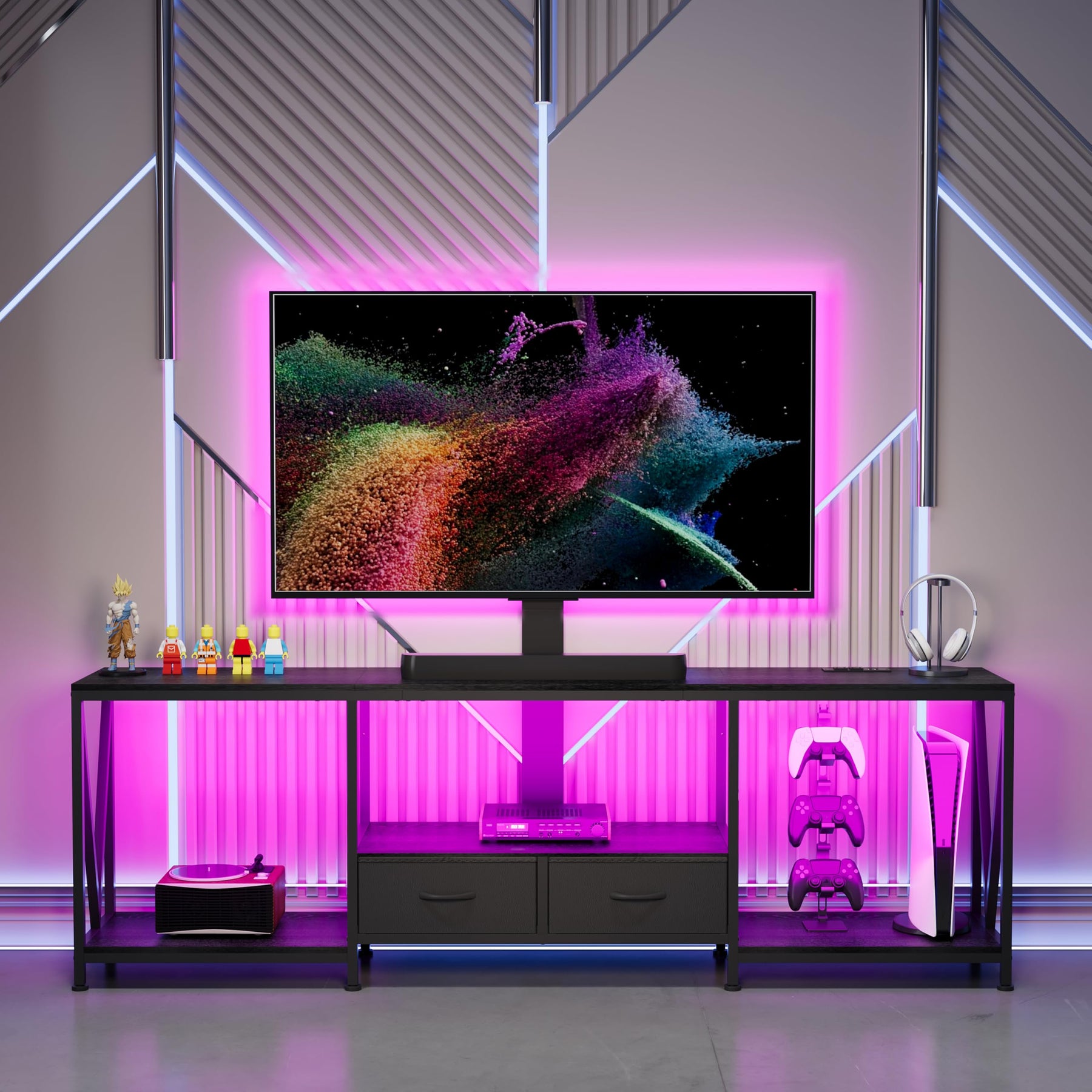 NinPeen 63" W TV Stand with Mount,LED & Charging Station for 55,65,75" TV