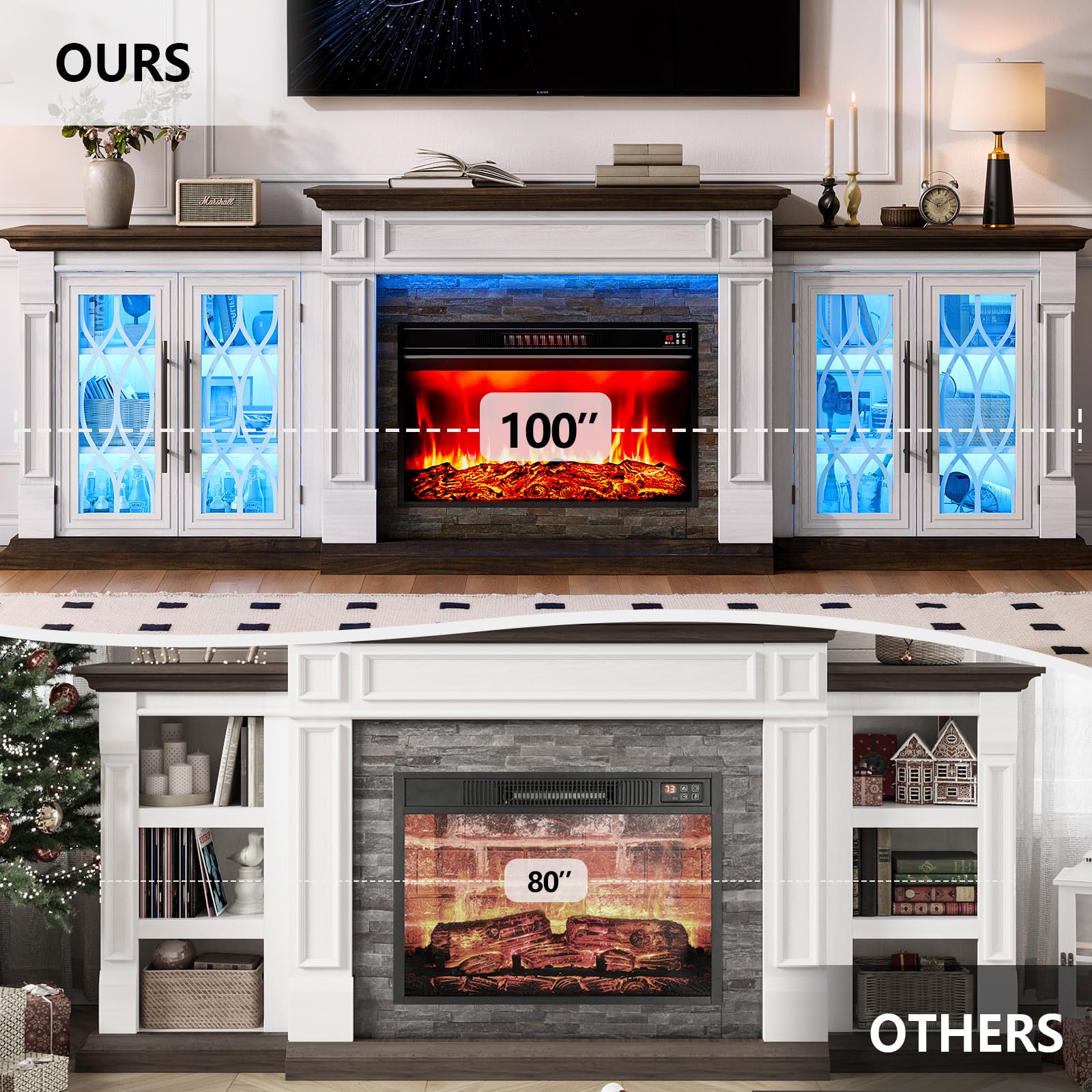 HolliWill 104" Fireplace TV Stand for TVs Up to 100 Inch, LED Electric Fireplace with Mantel and Sideboard Cabinets, Entertainment Center with 4 Glass Doors and Outlet, Modern for Living Room