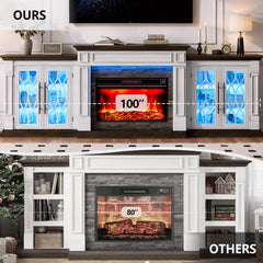 HolliWill 104" Fireplace TV Stand for TVs Up to 100 Inch, LED Electric Fireplace with Mantel and Sideboard Cabinets, Entertainment Center with 4 Glass Doors and Outlet, Modern for Living Room