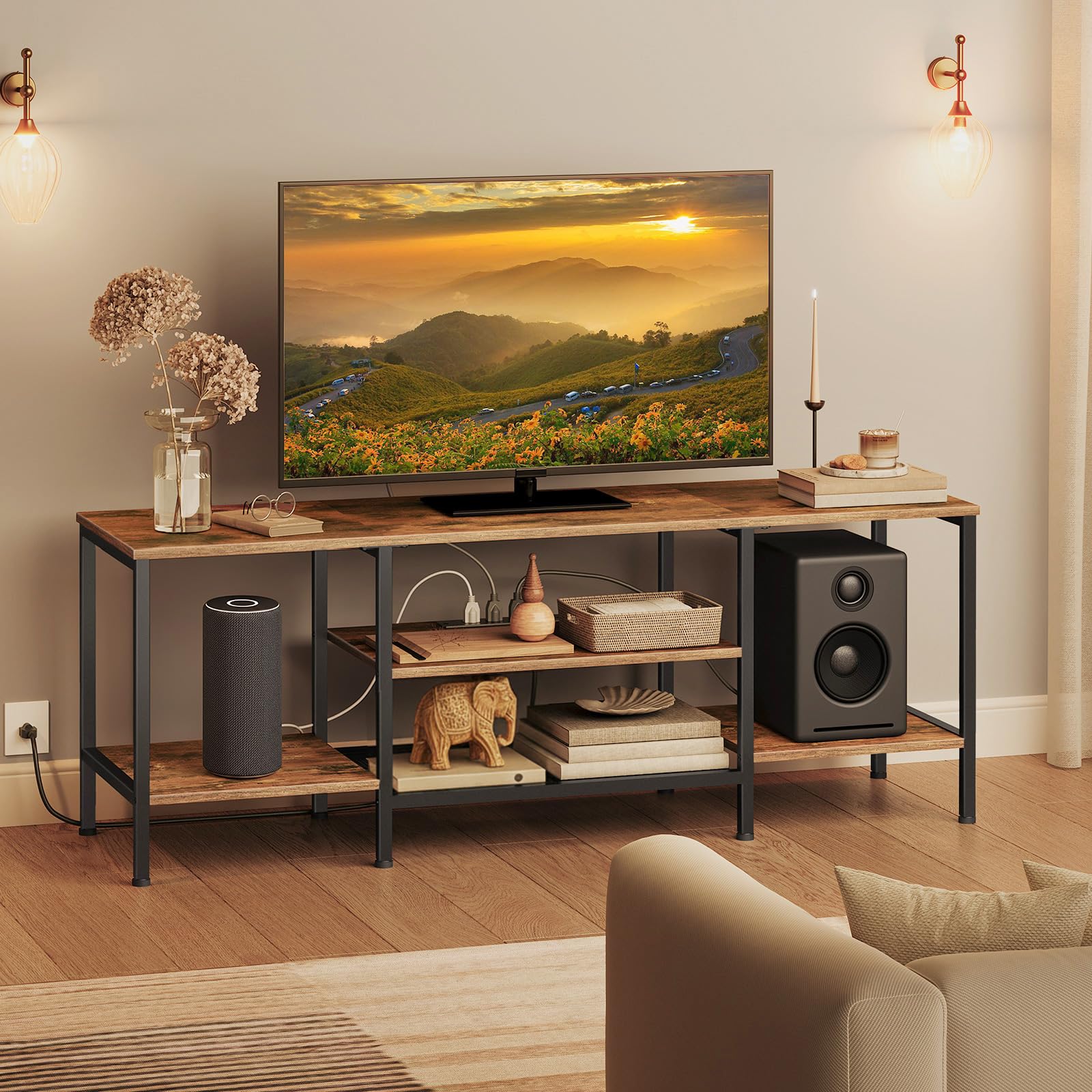 HOOBRO TV Stand with Power Outlets to 75 Inches, TV Console Table with Open Storage Shelves Cabinet, Industrial Media Entertainment Center for Living Room Bedroom, Rustic Brown and Black BF80DS01