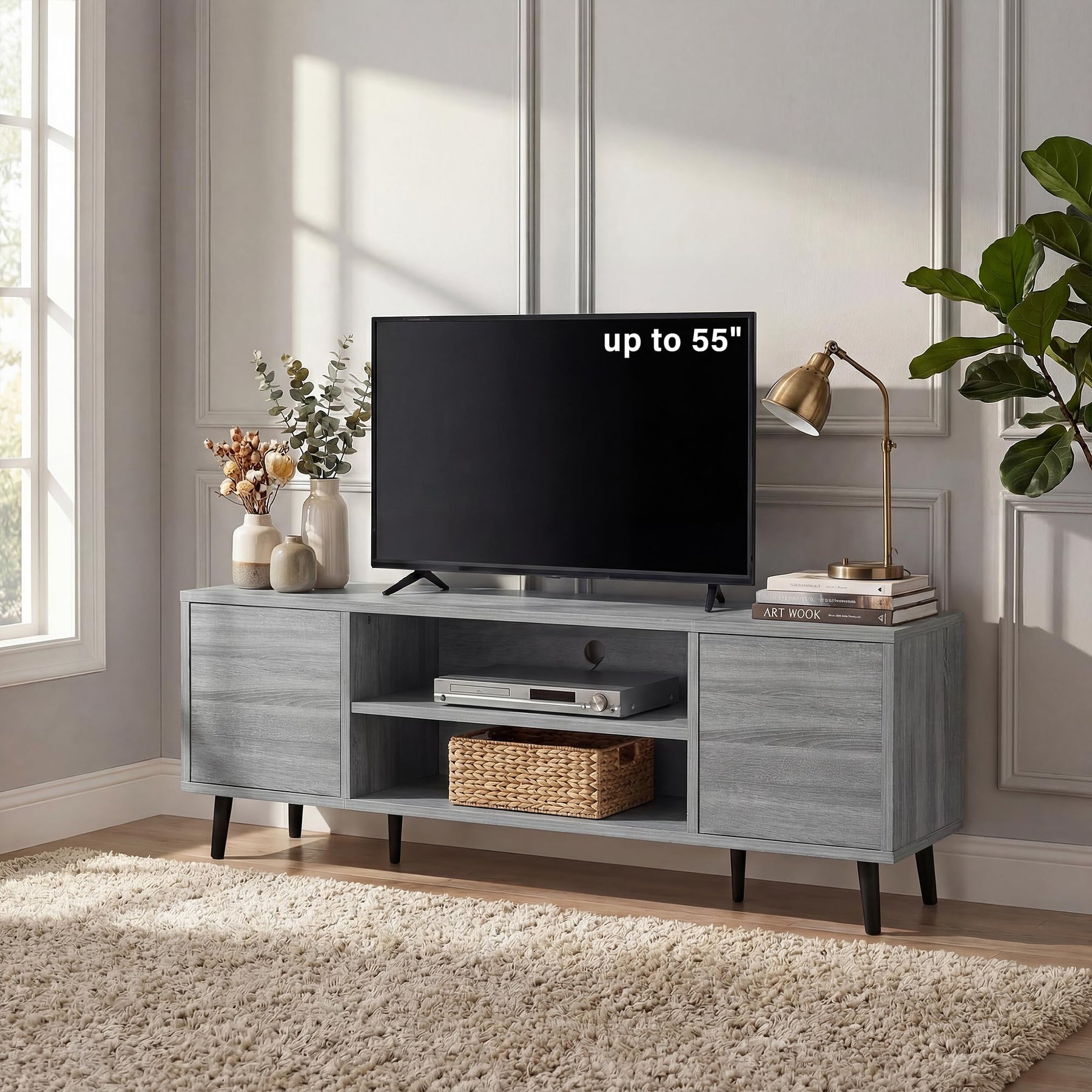 YESHOMY Mid-Century Modern TV Stand, 58 Inch, Light Grey