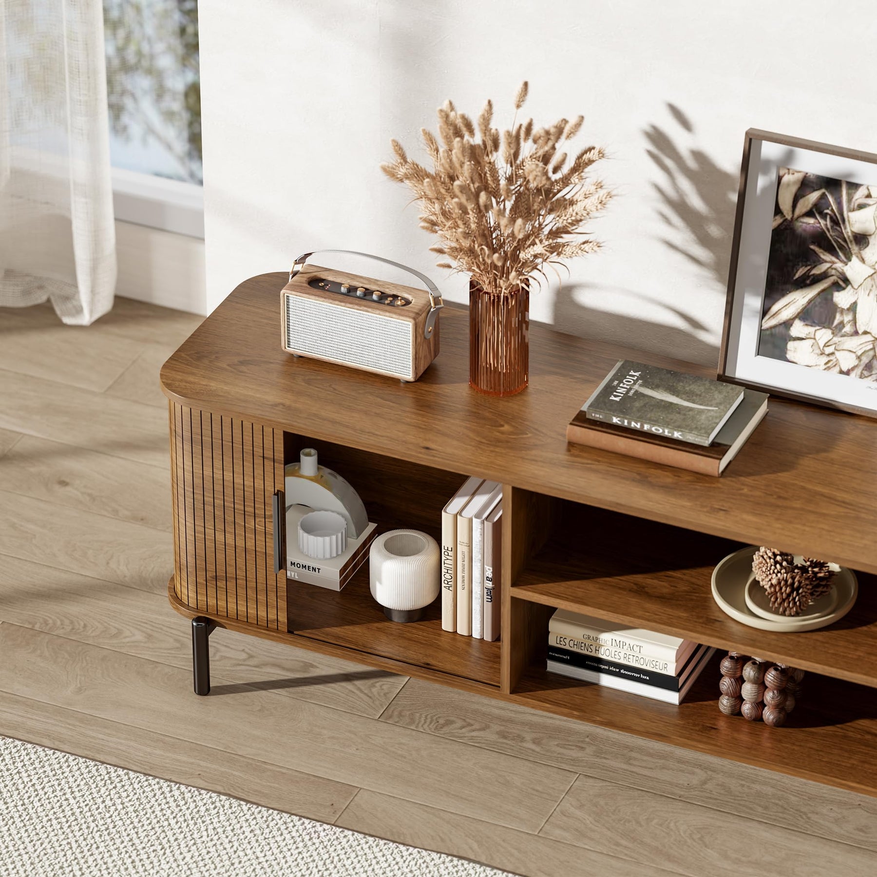 SUNCOZE 70" Mid-Century Fluted TV Stand with Storage up to 80 Inch, Walnut