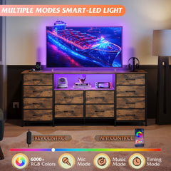 WLIVE LED Dresser TV Stand for 65 Inch TV, 8 Drawers, Rustic Brown