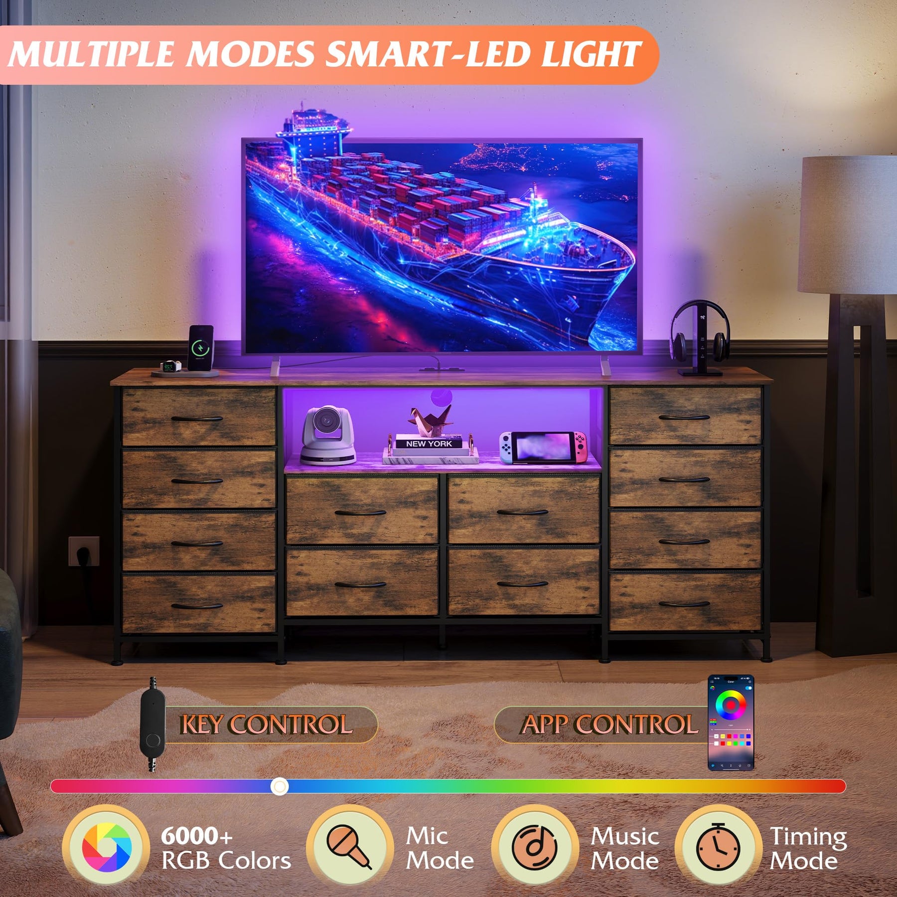 WLIVE LED Dresser TV Stand for 75 Inch TV, 12 Drawers, Black
