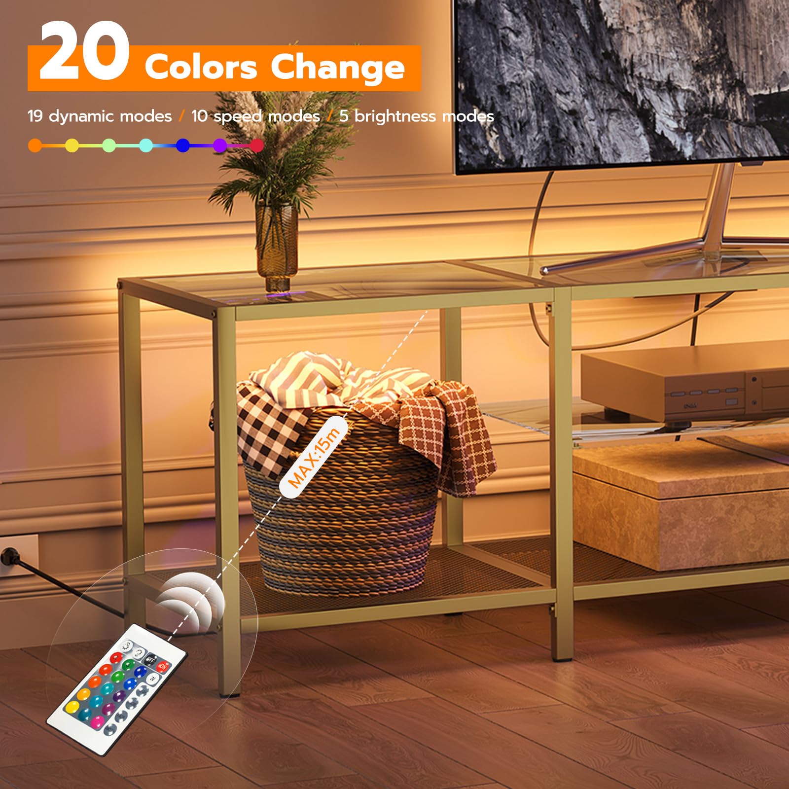 HOOBRO TV Stand with LED Lights and Power Outlets for TVs up to 75", Modern 70.9 Inch Tempered Glass TV Console Table with Open Shelves, Media Entertainment Center for Living Room, Gold GD185UDS01