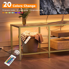 HOOBRO TV Stand with LED Lights and Power Outlets for TVs up to 75", Modern 70.9 Inch Tempered Glass TV Console Table with Open Shelves, Media Entertainment Center for Living Room, Gold GD185UDS01