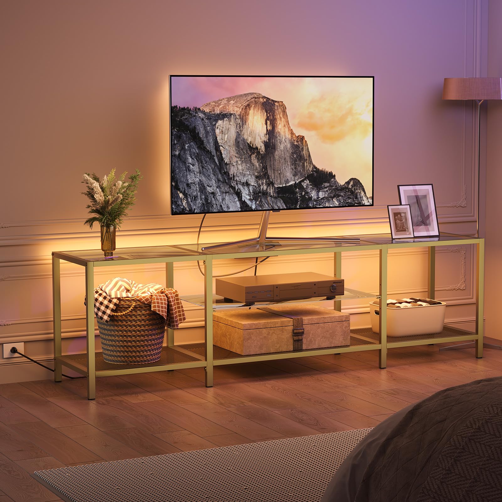 HOOBRO TV Stand with LED Lights and Power Outlets for TVs up to 75", Modern 70.9 Inch Tempered Glass TV Console Table with Open Shelves, Media Entertainment Center for Living Room, Gold GD185UDS01