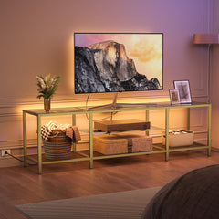 HOOBRO TV Stand with LED Lights and Power Outlets for TVs up to 75", Modern 70.9 Inch Tempered Glass TV Console Table with Open Shelves, Media Entertainment Center for Living Room, Gold GD185UDS01