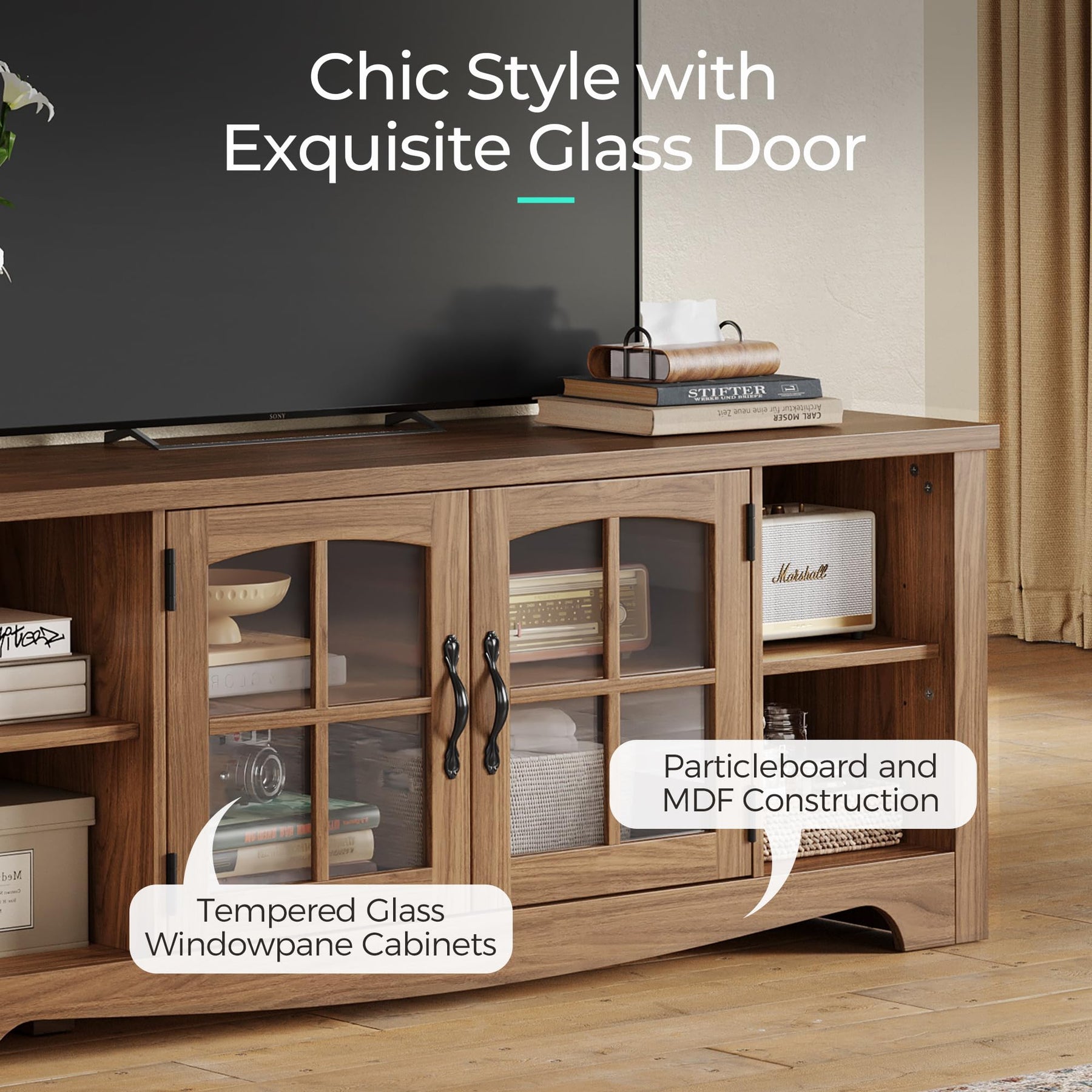 LINSY HOME Farmhouse TV Stand for 65 Inch TV, Wood Entertainment Center with Glass Door Storage Cabinet & Adjustable Shelves, Large Sturdy TV Console Table for Living Room Bedroom