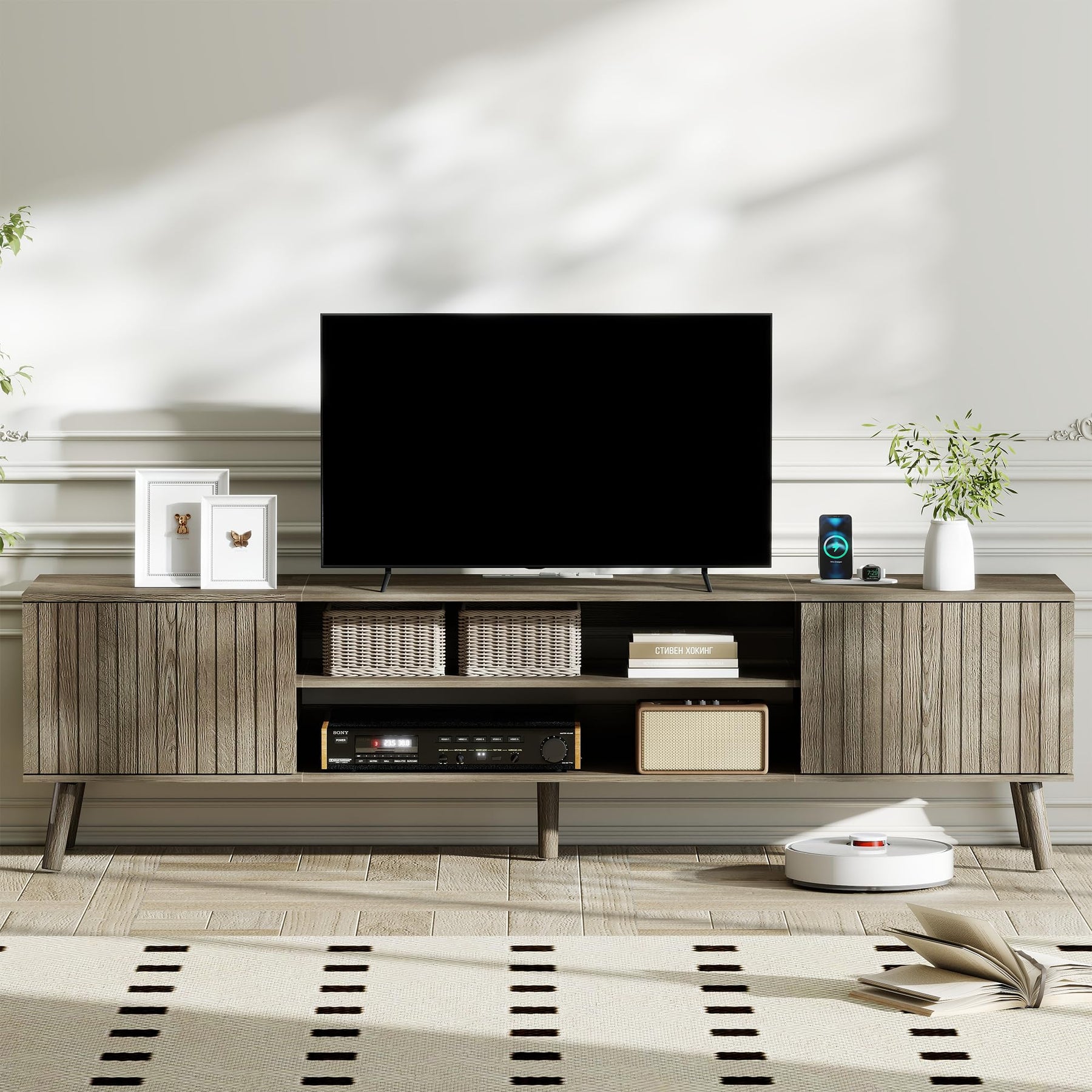 YOSHOOT 63" TV Stand for Living Room, Mid Century Modern Entertainment Center with Power Outlet Fit TVs Up to 70 inch, Fluted Media Console with Open Shelves and Storage Cabinets for Bedroom, Natural