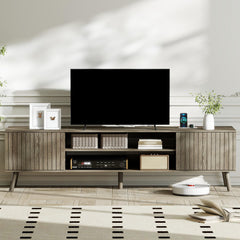 YOSHOOT 63" TV Stand for Living Room, Mid Century Modern Entertainment Center with Power Outlet Fit TVs Up to 70 inch, Fluted Media Console with Open Shelves and Storage Cabinets for Bedroom, Natural