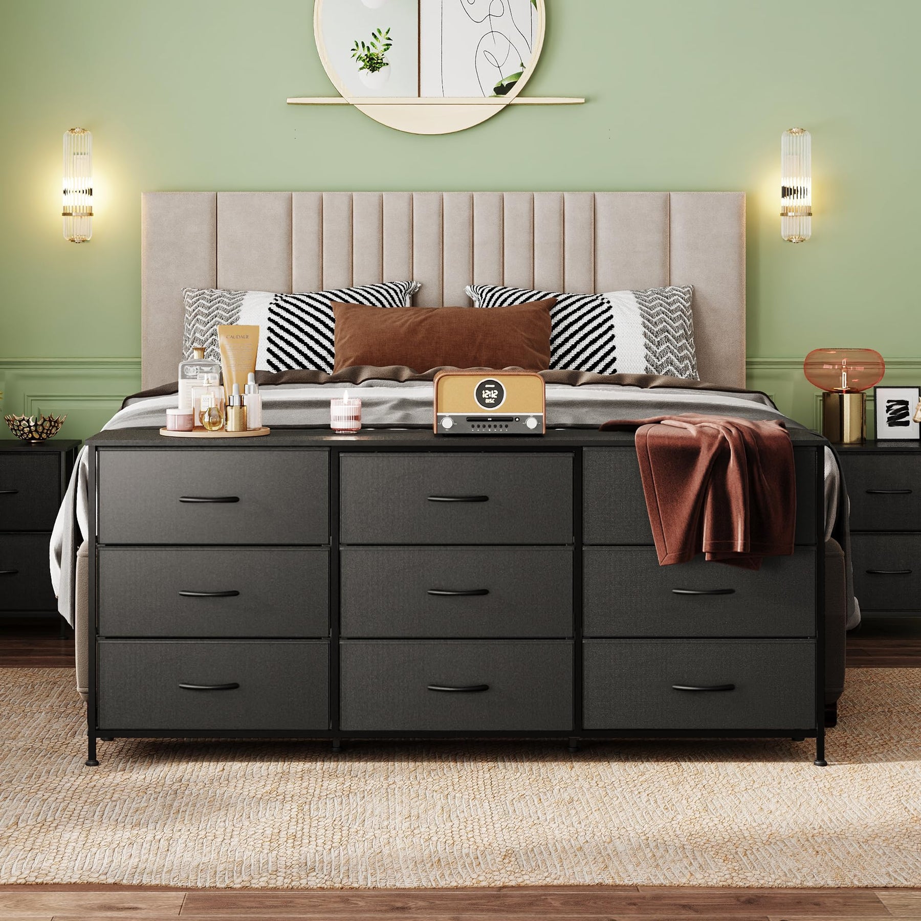 WLIVE Dresser TV Stand for 75 Inch TV, 9 Drawer Dresser for Bedroom, Black