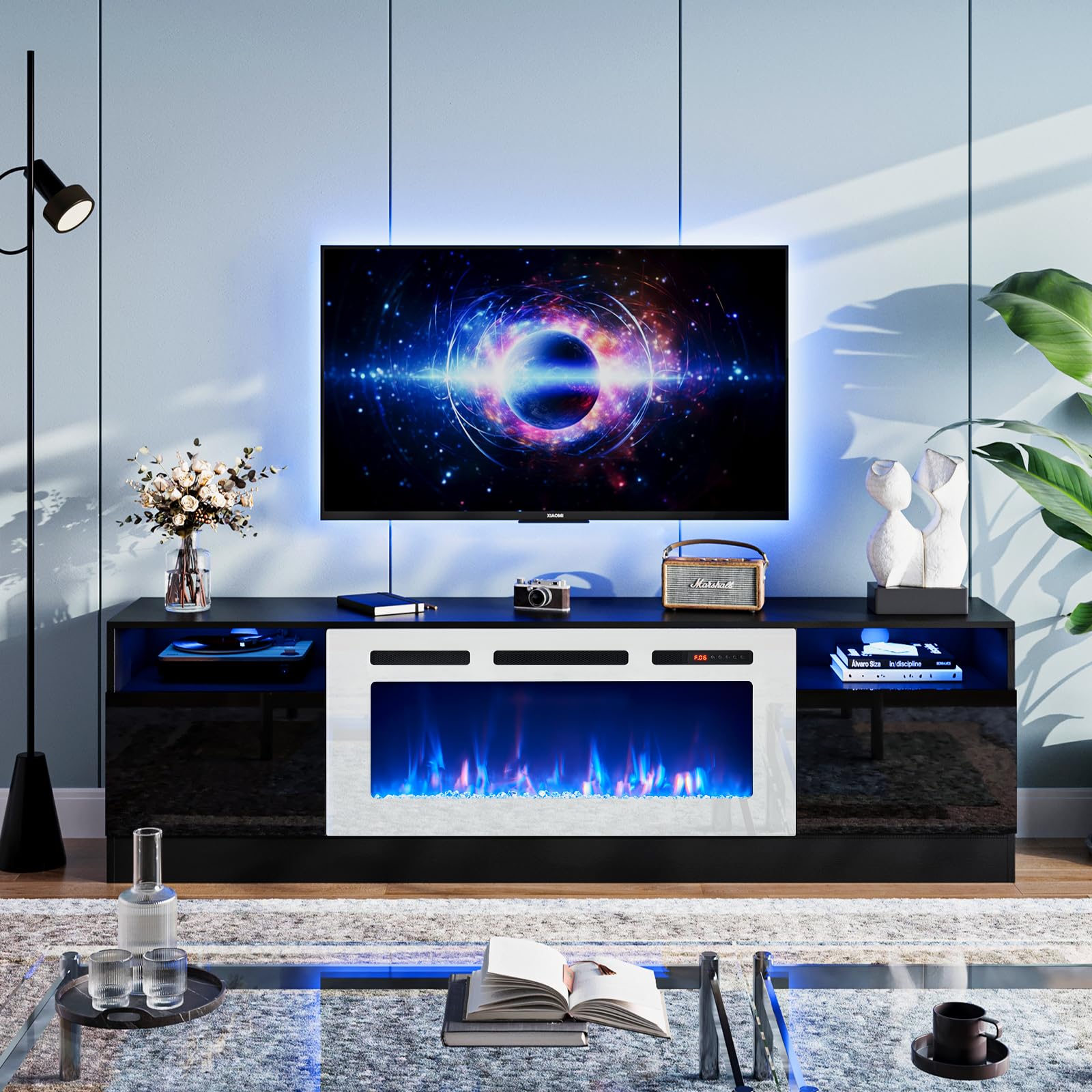 oneinmil Fireplace TV Stand with 36" Electric Fireplace, LED Light Entertainment Center, Modern Wood Texture Entertainment Stand with Highlight Storage Cabinet for TVs Up to 80", 70 inches, Black