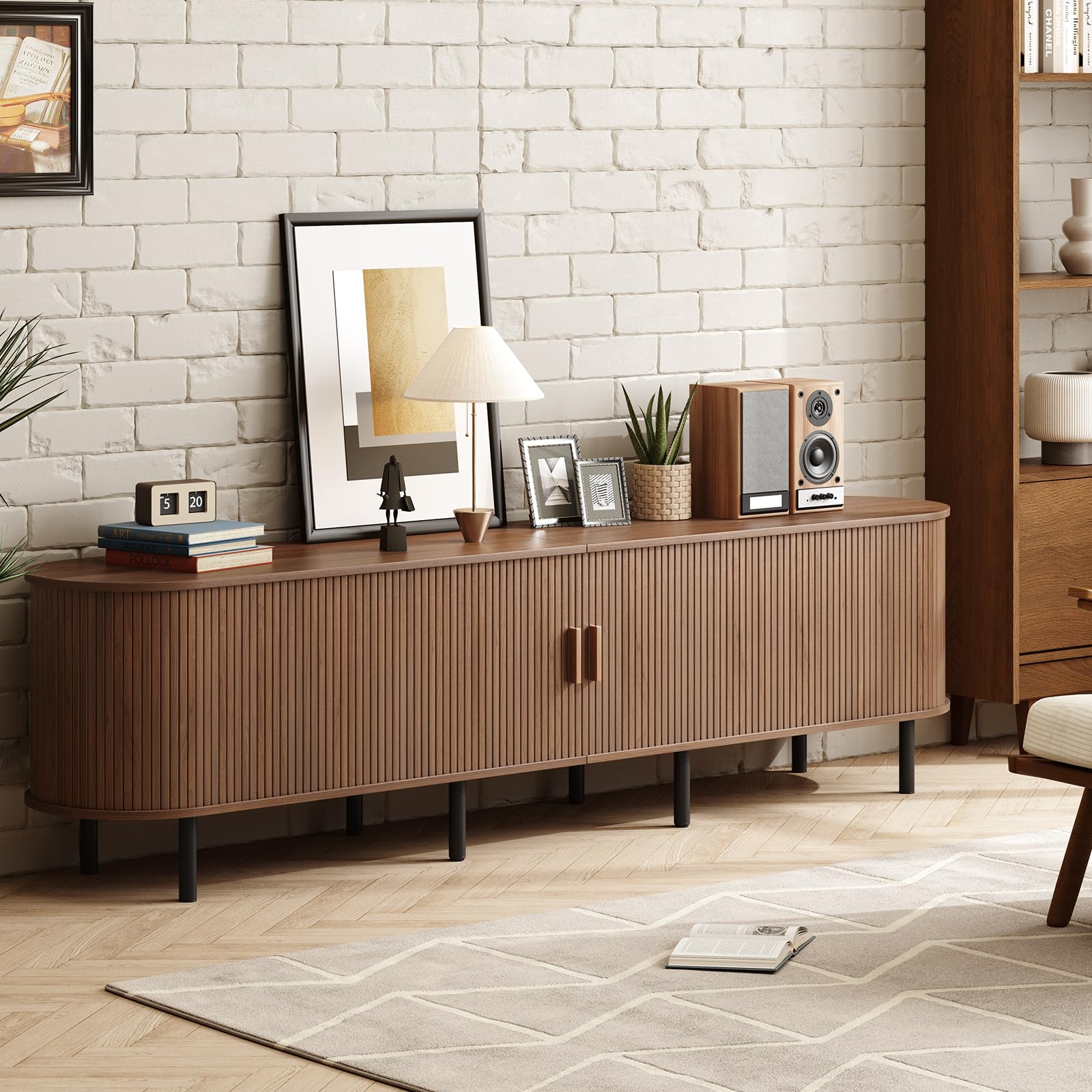 ONBRILL 70.8" TV Stand with Power Outlet for TVs up to 75 Inch, Entertainment Center with Storage and Adjustable Shelves, Modern Media Console with Sliding Doors for Living Room, Walnut