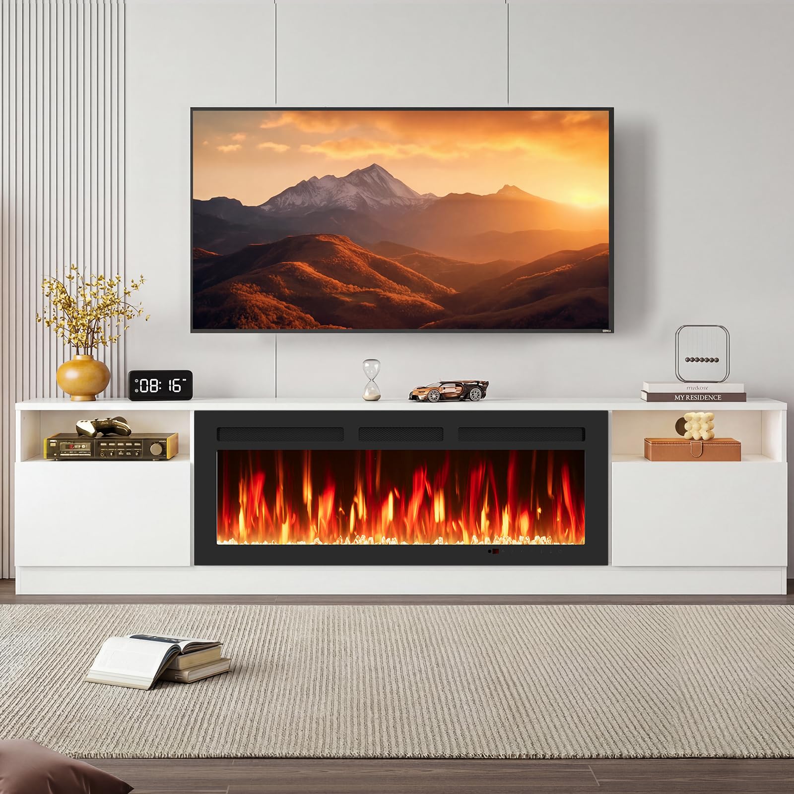 oneinmil Fireplace TV Stand with 36" Electric Fireplace, LED Light Entertainment Center, Modern Wood Texture Entertainment Stand with Highlight Storage Cabinet for TVs Up to 80", 70 inches, Black