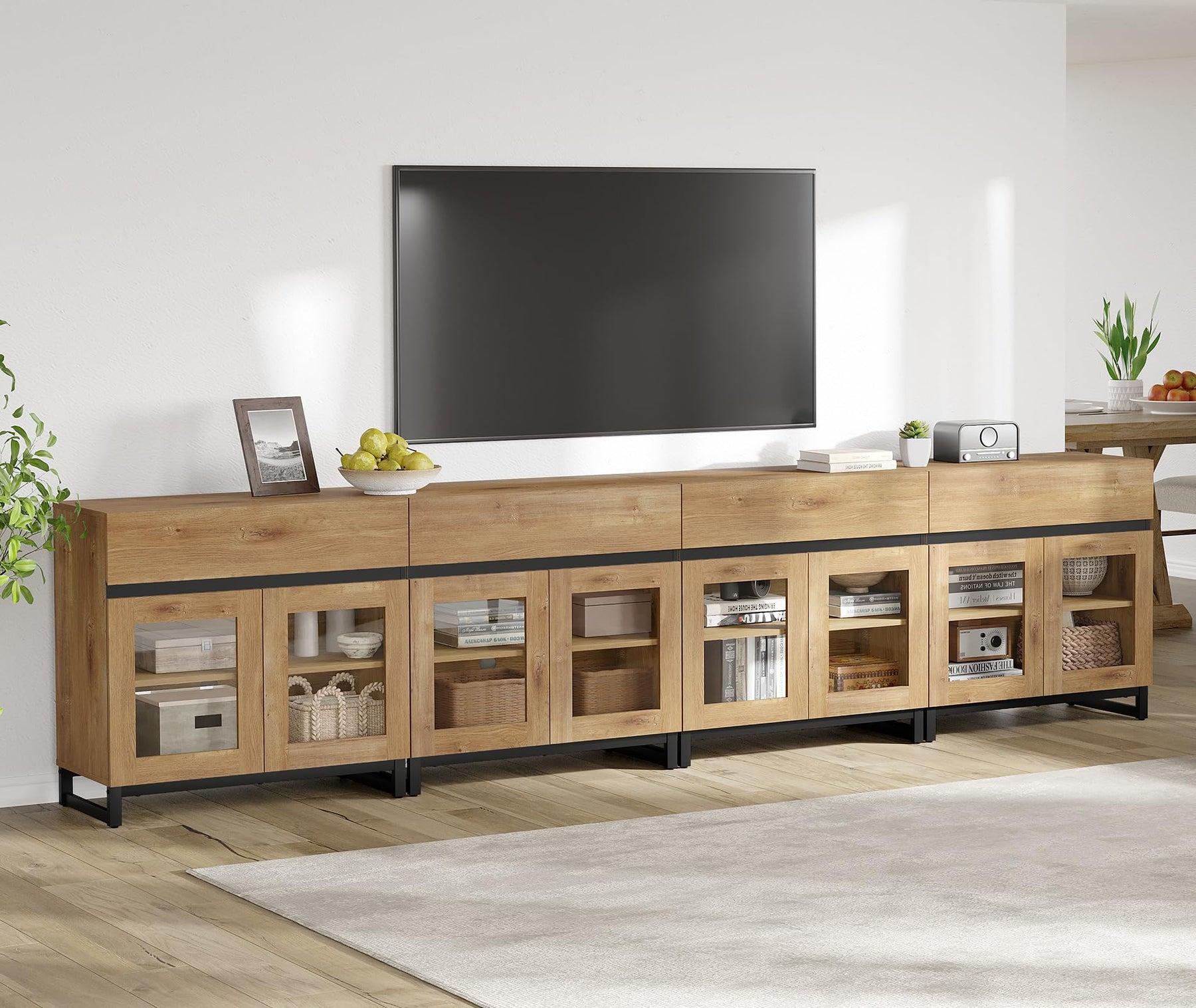 WAMPAT Modern TV Stand with Glass Doors for 80-120 inch TVs, 4 in 1 Entertainment Center Console with 4 Drawers and Metal Base for Living Room, Bedroom, Brown