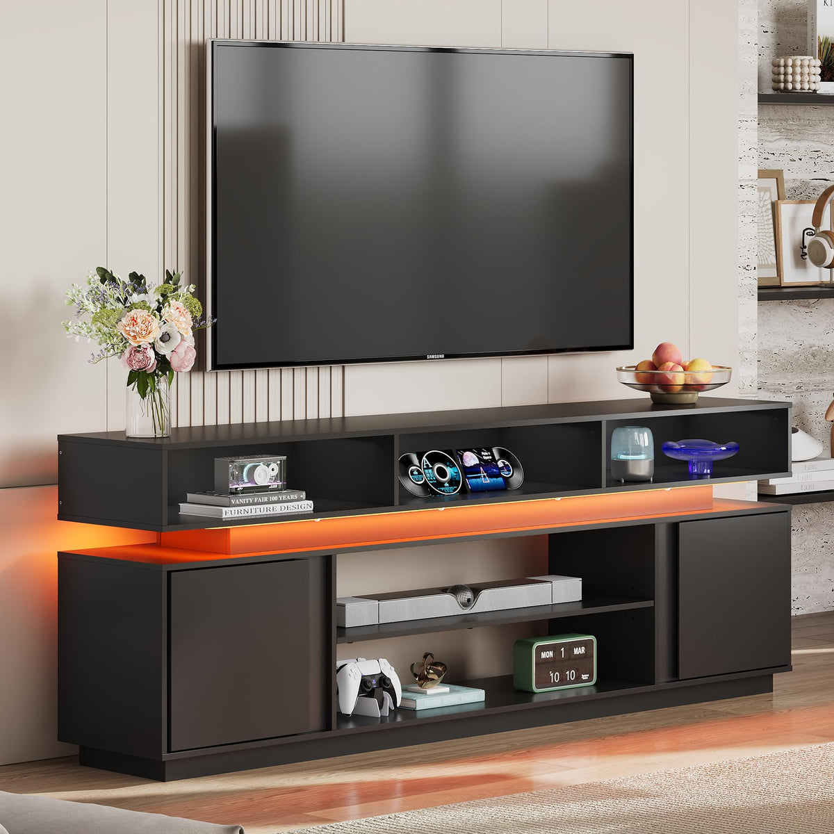 WLIVE Modern TV Stand for 75 Inch TV, 2 Tier Entertainment Center with RGB LED Lights & Storage Cabinets, Media TV Console Gaming Television Stands for Living Room, Bedroom, Black