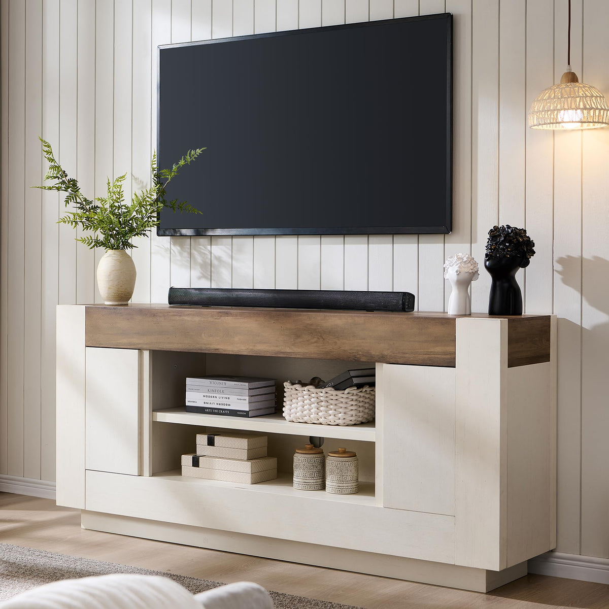 OKD 70" TV Stand for 80" TV, Thick Block Media Console, Antique White