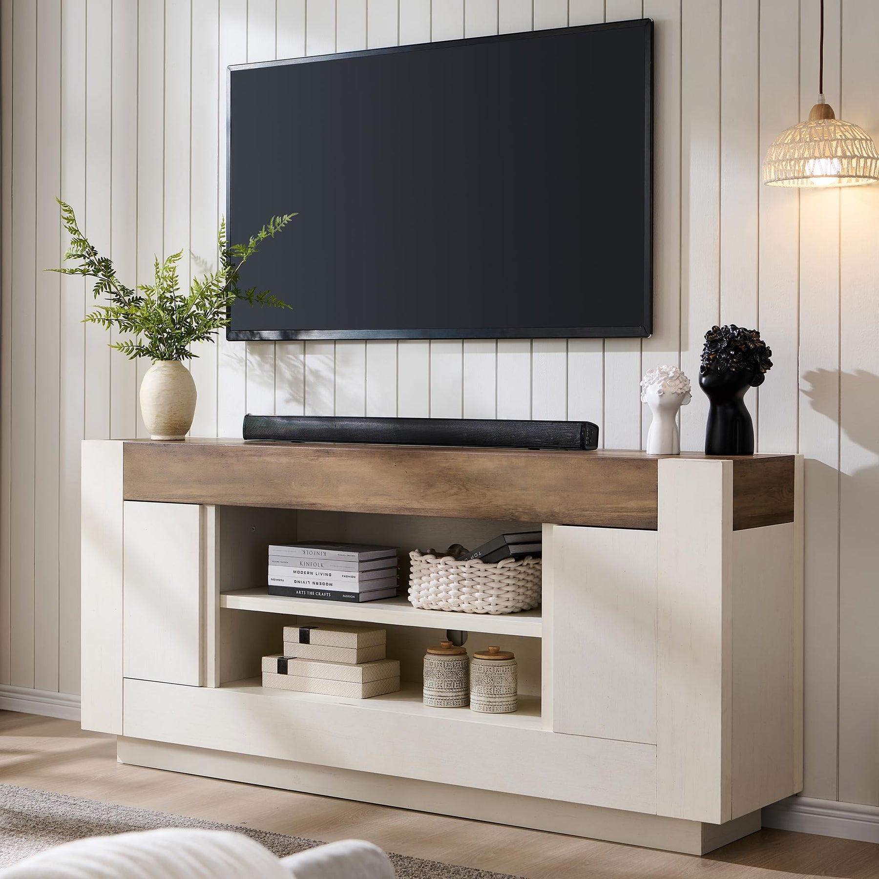 OKD 70" TV Stand for 80" TV, Thick Block Media Console, Antique White