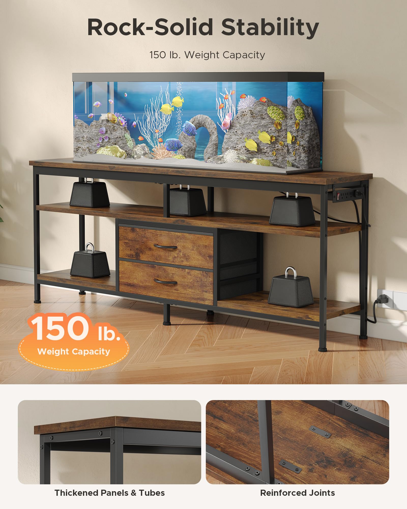 Lazzanto 63in TV Stand for 55-75in TVs, LED Lights, Charging Station, Black