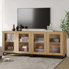 WAMPAT Modern TV Stand with Glass Doors for 80-120 inch TVs, 4 in 1 Entertainment Center Console with 4 Drawers and Metal Base for Living Room, Bedroom, Brown