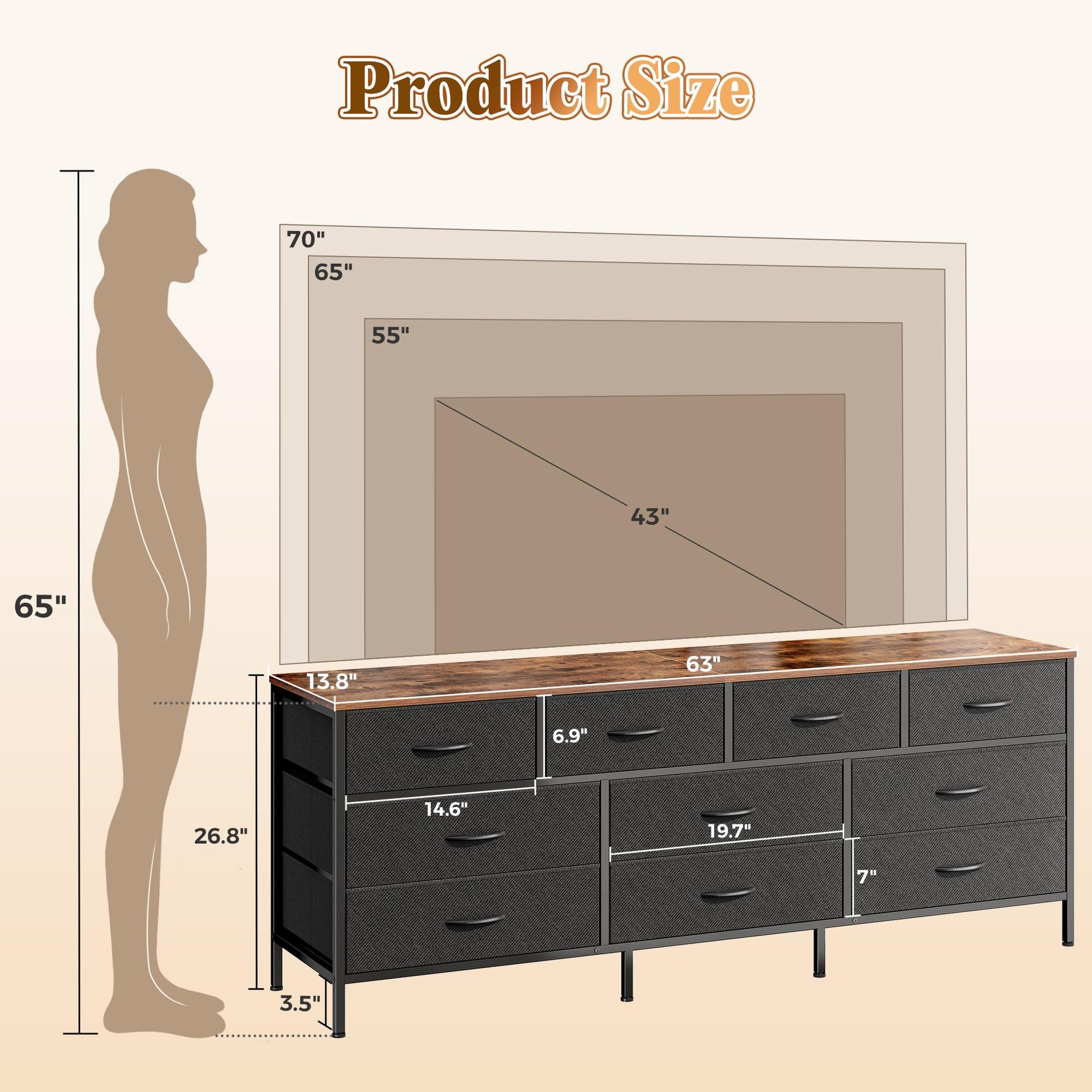 Huuger 63 Inch Dresser for Bedroom, Long Dresser with 10 Fabric Drawers, TV Stand for 55, 65, 70 Inch TV, Toy Storage Organizer for Closet, Rustic Brown
