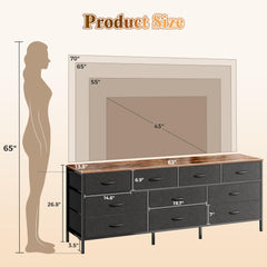 Huuger 63 Inch Dresser for Bedroom, Long Dresser with 10 Fabric Drawers, TV Stand for 55, 65, 70 Inch TV, Toy Storage Organizer for Closet, Rustic Brown