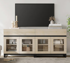 WAMPAT Modern TV Stand with Glass Doors for 80-120 inch TVs, 4 in 1 Entertainment Center Console with 4 Drawers and Metal Base for Living Room, Bedroom, Brown